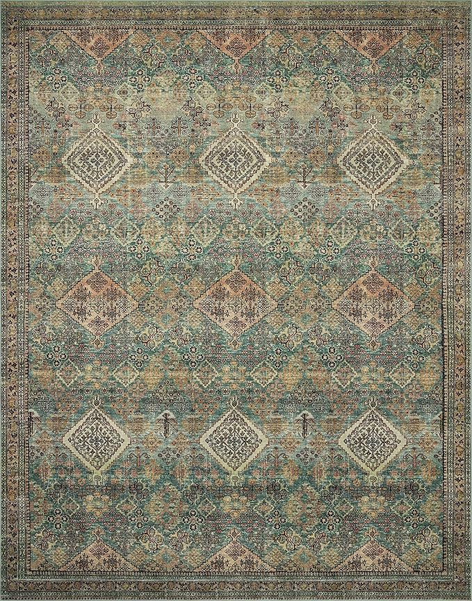Loloi Magnolia Home by Joanna Gaines Sinclair Collection SIN-03 Turquoise/Multi 7'-6" x 9'-6", .25" Pile Height, Machine Washable, Area Rug