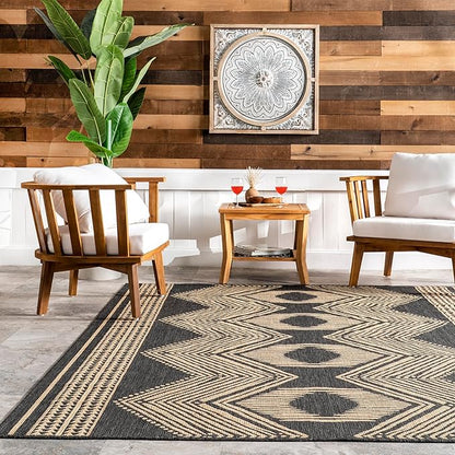 nuLOOM 8' x 10' Outdoor Tribal Geometric Area Rug, Stain Resistant, Weather Resistant, High Traffic, Patio, Balcony, Outside, Ranya Dark Grey