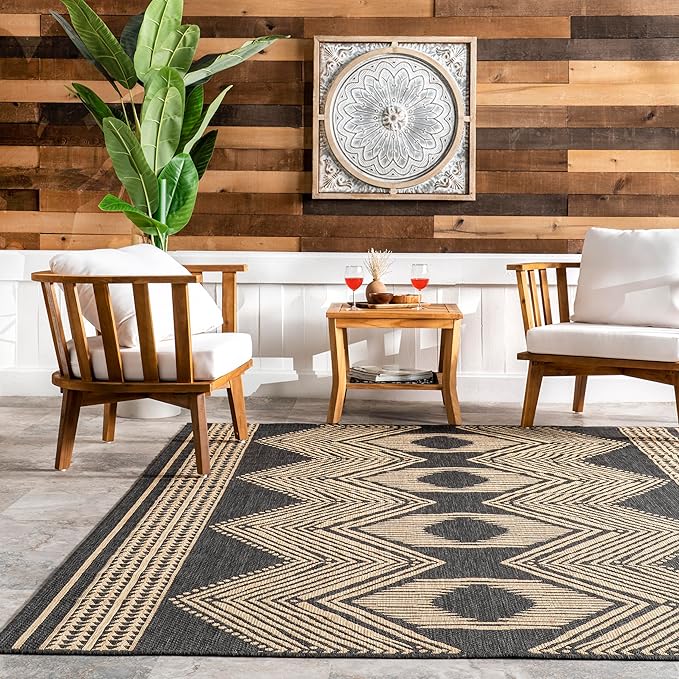 nuLOOM 4' x 6' Outdoor Tribal Geometric Area Rug, Stain Resistant, Weather Resistant, High Traffic, Patio, Balcony, Outside, Ranya Dark Grey