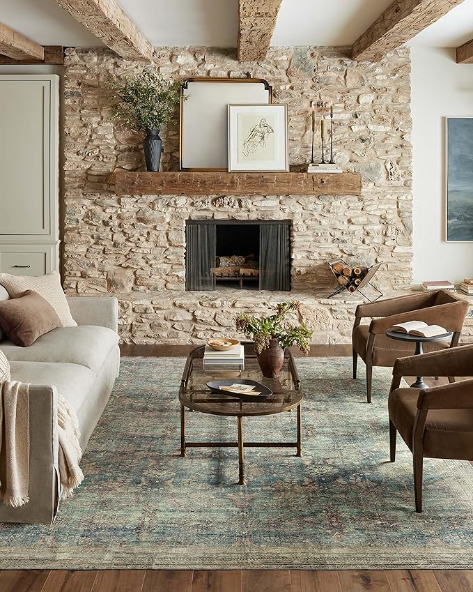 Loloi Magnolia Home by Joanna Gaines Banks Collection BAN-01 Ocean/Spice 2'-3" x 3'-9" .13" Pile Height, Machine Washable, Accent Rug