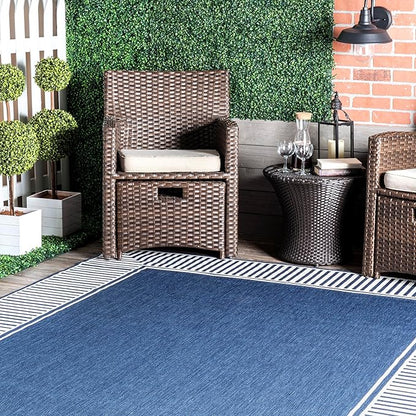nuLOOM 2' x 6' Outdoor/Indoor Asha Area Rug, Asha Navy, Casual Design with Striped Border, Stain Resistant, Highly Durable, for Patio, Balcony, Bedroom, Living Room, Dining Room, Bathroom