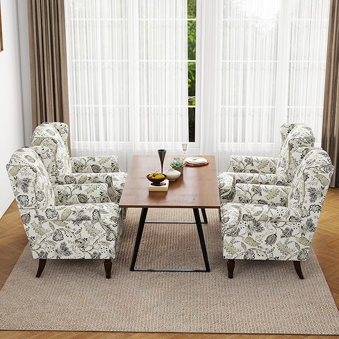 Accent Chair, Upholstered High Back Floral Armchair with Nailhead Trim & Wood Legs, Comfy Wingback Reading Single Sofa Chair for Small Spaces, Living Room, Bedroom ( Plants Beige Floral, Set of 1)