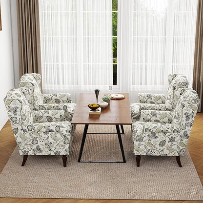 Accent Chair, Upholstered High Back Floral Armchair with Nailhead Trim & Wood Legs, Comfy Wingback Reading Single Sofa Chair for Small Spaces, Living Room, Bedroom ( Plants Beige Floral, Set of 1)
