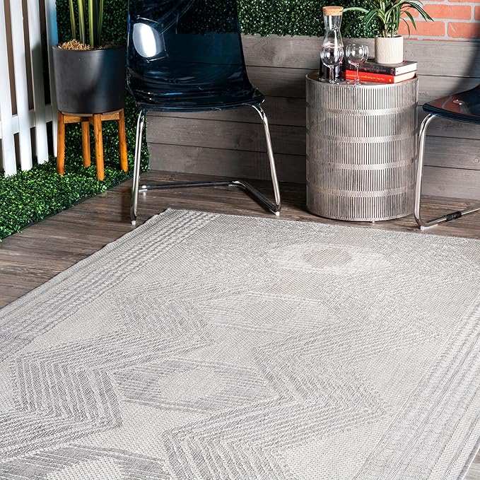 nuLOOM 2' x 10' Outdoor Tribal Geometric Area Rug, Stain Resistant, Weather Resistant, High Traffic, Patio, Balcony, Outside, Ranya Light Grey