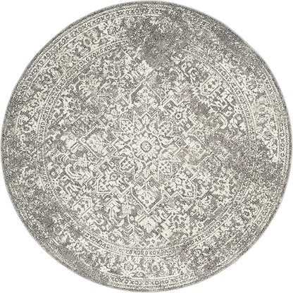 SAFAVIEH Evoke Collection Area Rug - 5'3" Round, Grey & Ivory, Distressed Design, Non-Shedding & Easy to Clean, Ideal for Living Room, Bedroom, Dining Space (EVK256D)