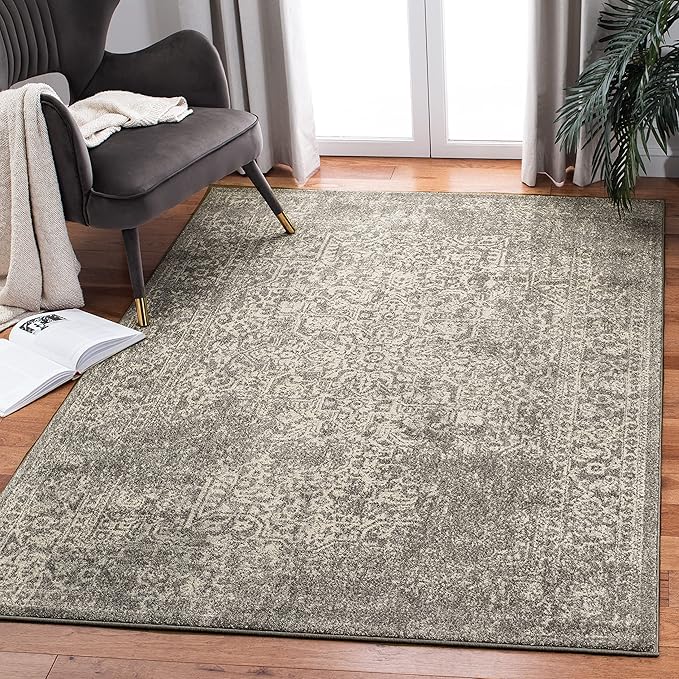 SAFAVIEH Evoke Collection 4' x 6' Silver / Ivory EVK256S Oriental Distressed Non-Shedding Living Room Bedroom Accent Rug