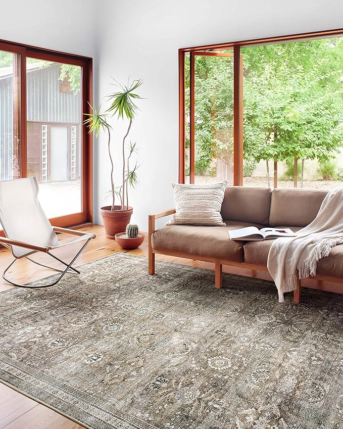 Loloi Layla Collection LAY-13 Antique/Moss 2'-6" x 7'-6" .13" Thick Runner Rug, Soft, Durable, Vintage Inspired, Distressed, Low Pile, Non-Shedding, Easy Clean, Printed, Living Room Rug