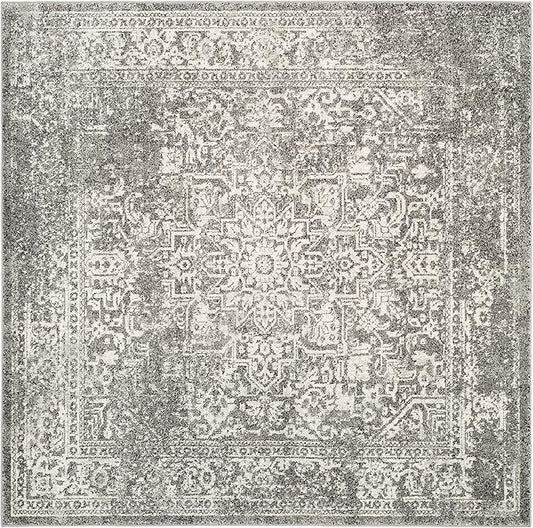 SAFAVIEH Evoke Collection Area Rug - 5'3" Square, Grey & Ivory, Distressed Design, Non-Shedding & Easy to Clean, Ideal for Living Room, Bedroom, Dining Space (EVK256D)