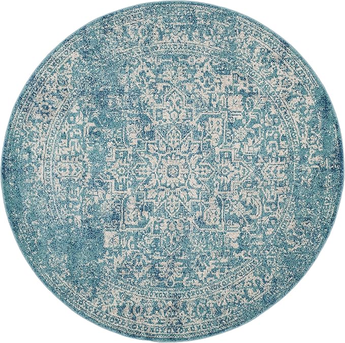 SAFAVIEH Evoke Collection Area Rug - 6'7" Round, Blue & Ivory, Distressed Design, Non-Shedding & Easy to Clean, Ideal for Living Room, Bedroom, Dining Space (EVK256C)