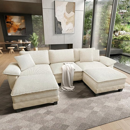 HERA'S HOUSE Oversized Modular Sectional Sofa, 124" U Shaped Cloud Couch with Ottoman and Throw Pillow, Mixed Fabric Sleek Couches for Living Room, Beige