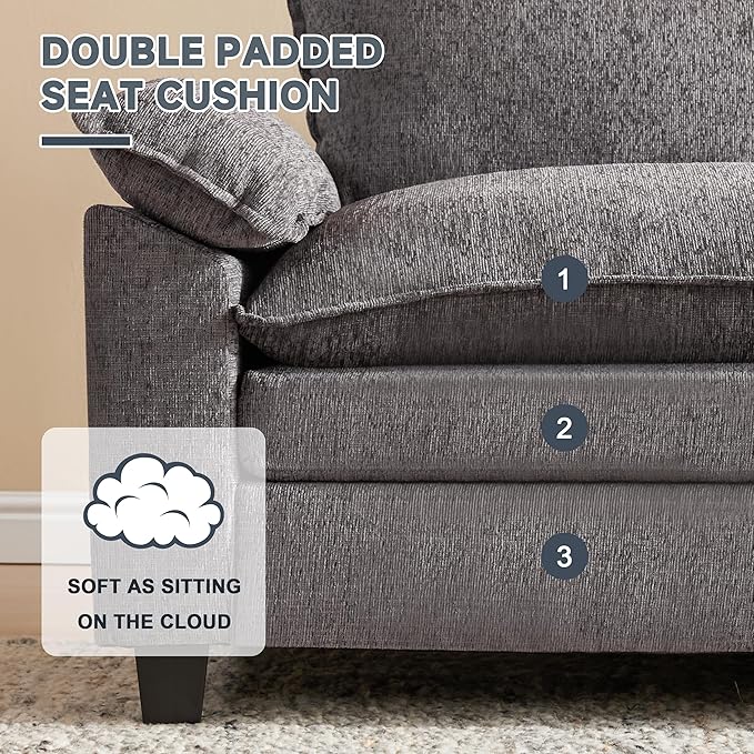 114 Inch Modular Couch Sectionals with Ottoman, Big Comfy Cloud Couches, L Shaped 4 Seat Modular Sectional Sofa, Modern Cloud Sectional Couches for Living Room, Deep Seat Comfy Sofa, Grey