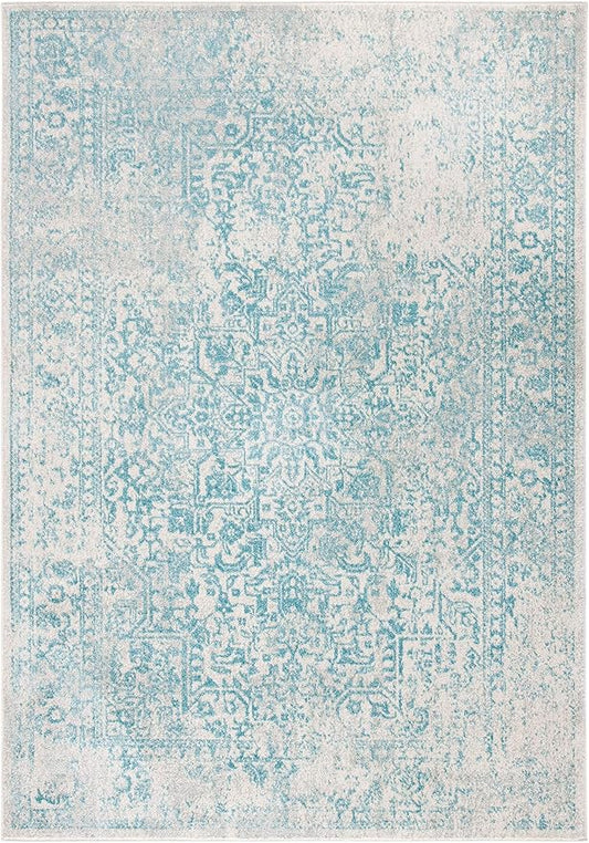 SAFAVIEH Evoke Collection 4' x 6' Ivory / Aqua EVK256J Oriental Distressed Non-Shedding Living Room Bedroom Accent Rug
