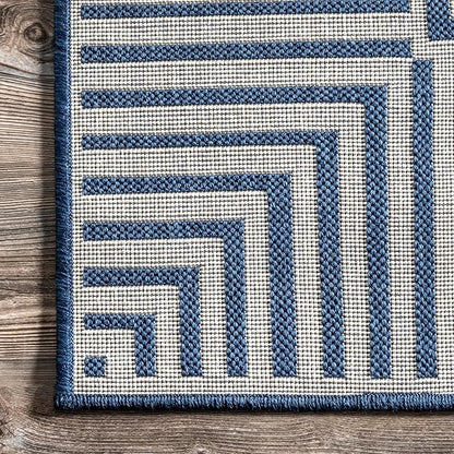 nuLOOM 10' x 13' Outdoor Area Rug, Casual Design with Striped Border, Stain Resistant, Highly Durable, for Patio, Balcony, Bedroom, Living Room, Dining Room, Bathroom, Navy