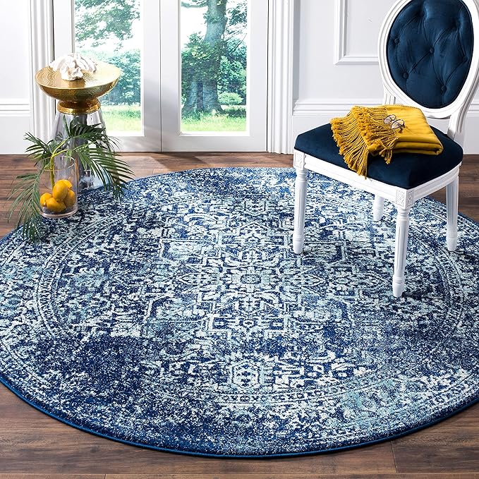 SAFAVIEH Evoke Collection Area Rug - 5'3" Round, Navy & Ivory, Distressed Design, Non-Shedding & Easy to Clean, Ideal for Living Room, Bedroom, Dining Space (EVK256A)