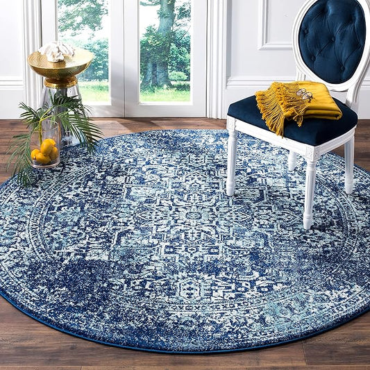 SAFAVIEH Evoke Collection Area Rug - 5'3" Round, Navy & Ivory, Distressed Design, Non-Shedding & Easy to Clean, Ideal for Living Room, Bedroom, Dining Space (EVK256A)