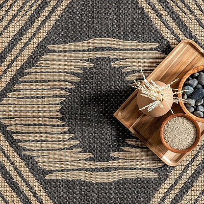 nuLOOM 4' x 6' Outdoor Tribal Geometric Area Rug, Stain Resistant, Weather Resistant, High Traffic, Patio, Balcony, Outside, Ranya Dark Grey