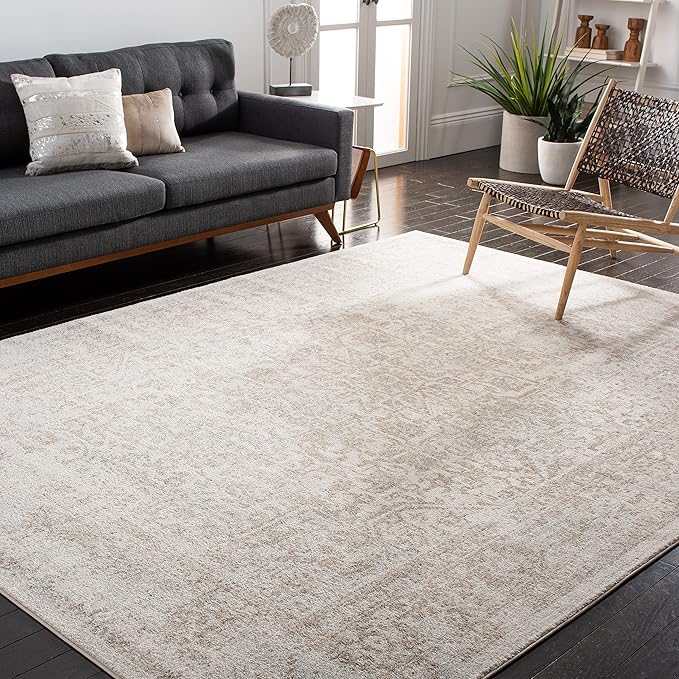 SAFAVIEH Evoke Collection Area Rug - 8' Square, Ivory & Taupe, Distressed Design, Non-Shedding & Easy to Clean, Ideal for Living Room, Bedroom, Dining Space (EVK256E)