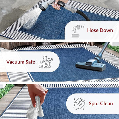 nuLOOM 7' Square Outdoor Area Rug, Casual Design with Striped Border, Stain Resistant, Highly Durable, for Patio, Balcony, Bedroom, Living Room, Dining Room, Bathroom, Navy