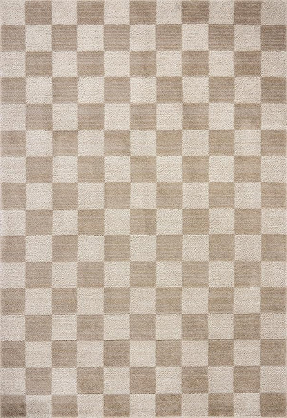 Loloi Chris Loves Julia Calvin Collection CLV-01 Pebble/Ivory 2'-3" x 3'-10" Accent Rug Checkered Neutral Soft Living Room Bedroom Carpet