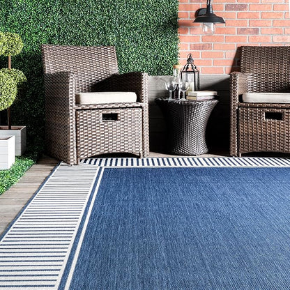 nuLOOM 2' x 10' Outdoor/Indoor Asha Area Rug, Asha Navy, Casual Design with Striped Border, Stain Resistant, Highly Durable, for Patio, Balcony, Bedroom, Living Room, Dining Room, Bathroom