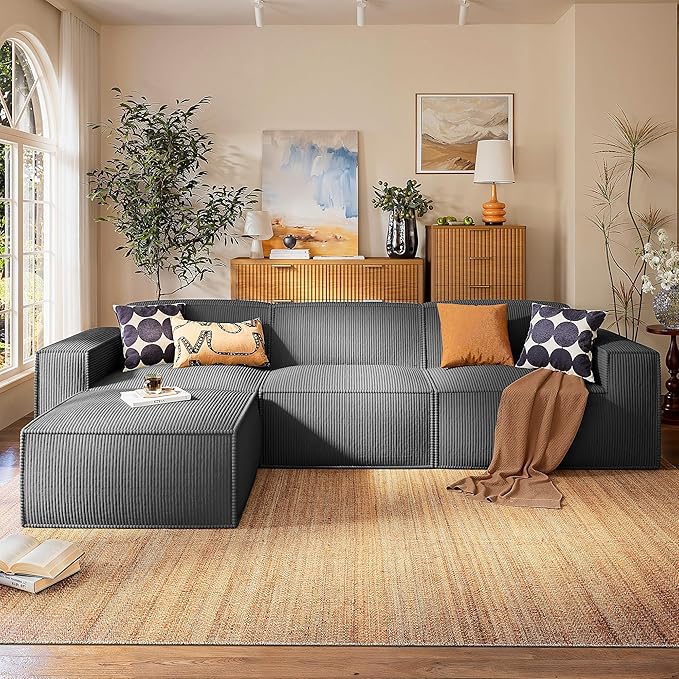 Marsail Modular Sectional Sofa, 111" L-Shaped Modular Sectional Couch with Deep Seat, Freely Combinable Sectional Clound Sofa for Living Room, No Assembly, Plush Corduroy Fabric, Grey