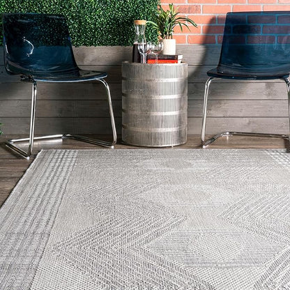 nuLOOM 2' x 10' Outdoor Tribal Geometric Area Rug, Stain Resistant, Weather Resistant, High Traffic, Patio, Balcony, Outside, Ranya Light Grey