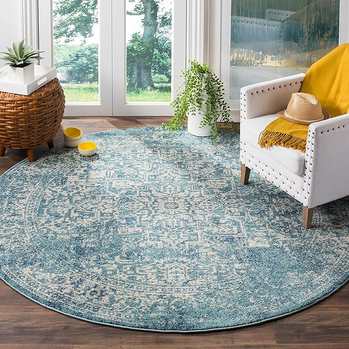 SAFAVIEH Evoke Collection Area Rug - 6'7" Round, Blue & Ivory, Distressed Design, Non-Shedding & Easy to Clean, Ideal for Living Room, Bedroom, Dining Space (EVK256C)