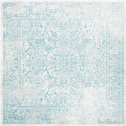 SAFAVIEH Evoke Collection Area Rug - 3' Square, Ivory & Aqua, Distressed Design, Non-Shedding & Easy to Clean, Ideal for Foyer, Bedroom, Accent Space (EVK256J)