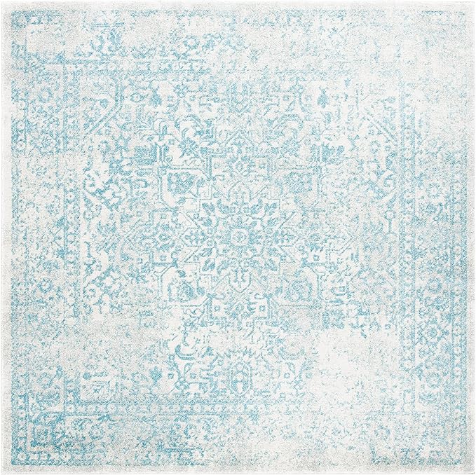 SAFAVIEH Evoke Collection Area Rug - 6'7" Square, Ivory & Aqua, Distressed Design, Non-Shedding & Easy to Clean, Ideal for Living Room, Bedroom, Dining Space (EVK256J)