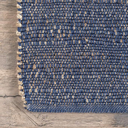 nuLOOM 9x12 Elfriede Jute & Cotton Hand Woven Area Rug, Blue, Solid Rustic Farmhouse Style, Weaved Design, Natural Fiber, For Bedroom, Living Room, Dining Room, Hallway, Office, Entryway