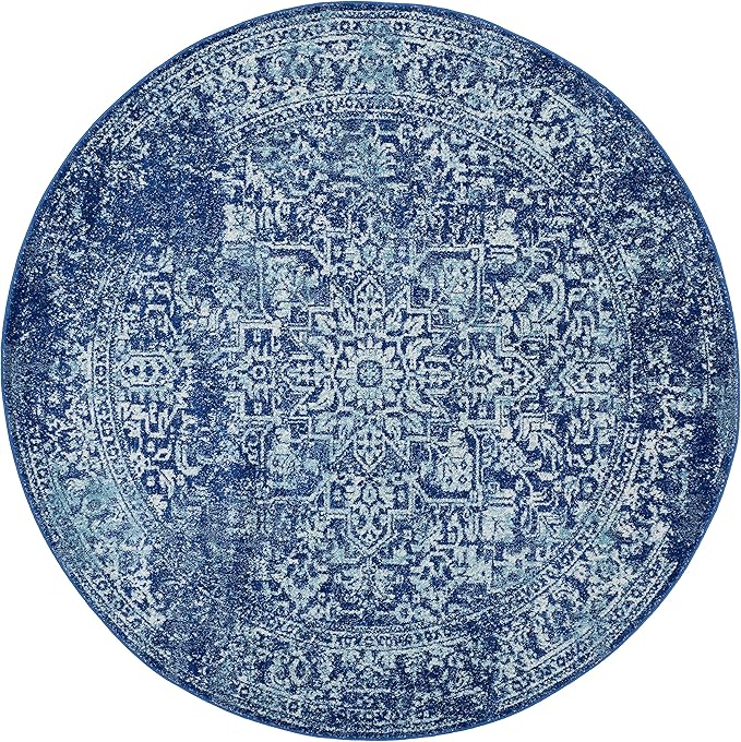 SAFAVIEH Evoke Collection Area Rug - 9' Round, Navy & Ivory, Distressed Design, Non-Shedding & Easy to Clean, Ideal for Living Room, Bedroom, Dining Space (EVK256A)