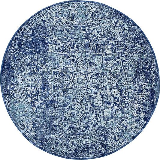 SAFAVIEH Evoke Collection Area Rug - 9' Round, Navy & Ivory, Distressed Design, Non-Shedding & Easy to Clean, Ideal for Living Room, Bedroom, Dining Space (EVK256A)
