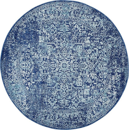 SAFAVIEH Evoke Collection Area Rug - 6'7" Round, Navy & Ivory, Distressed Design, Non-Shedding & Easy to Clean, Ideal for Living Room, Bedroom, Dining Space (EVK256A)