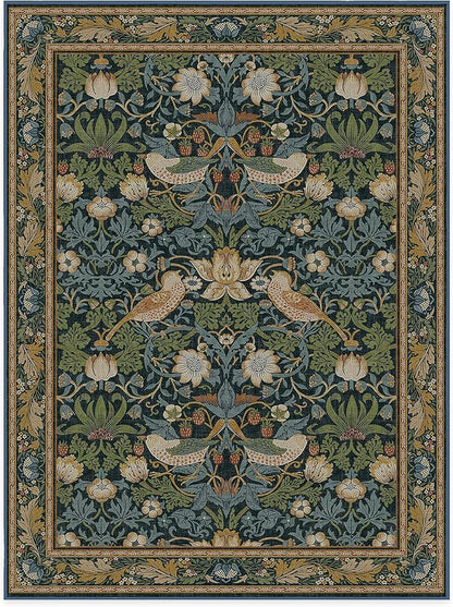 RUGGABLE x Morris & Co Washable Area Rug– Strawberry Thief Indigo 9x12, Stain-Resistant, Non-Slip – Large Machine Washable Rugs for Living Room, Bedroom, Hallway, Entryway & Office–with Cushioned Pad