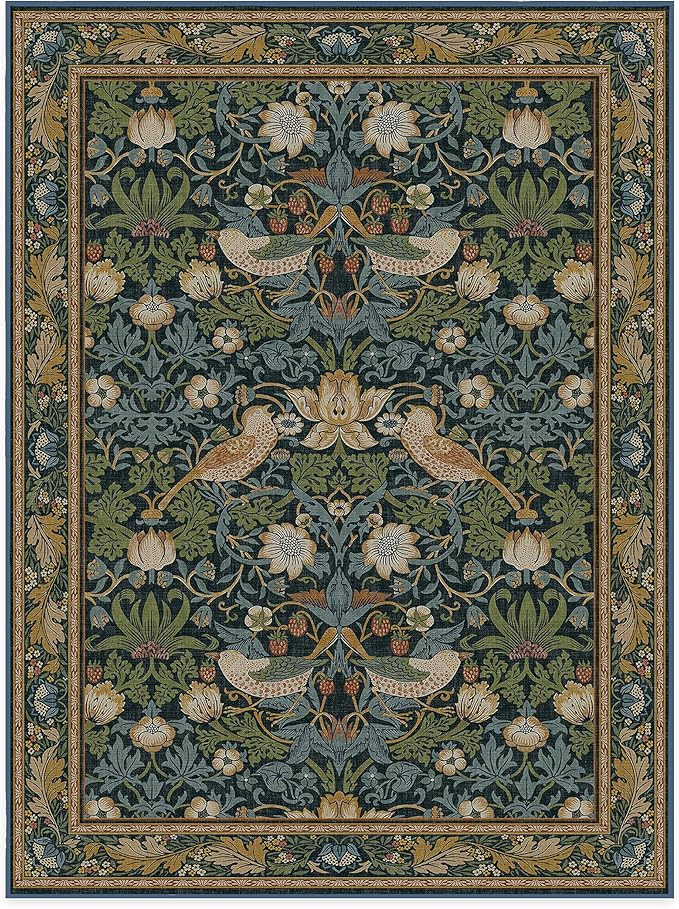 RUGGABLE x Morris & Co Washable Area Rug – Strawberry Thief Indigo 9x12, Stain-Resistant, Non-Slip – Large Machine Washable Rugs for Living Room, Bedroom, Hallway, Entryway & Office–with Standard Pad