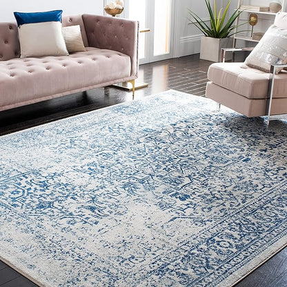 SAFAVIEH Evoke Collection Area Rug - 6'7" Square, Ivory & Navy, Distressed Design, Non-Shedding & Easy to Clean, Ideal for Living Room, Bedroom, Dining Space (EVK256N)