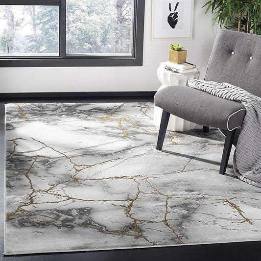 SAFAVIEH Craft Collection Area Rug - 5'3" Square, Grey & Gold, Modern Abstract Design, Non-Shedding & Easy Care, Ideal for High Traffic Areas in Living Room, Bedroom (CFT877F)