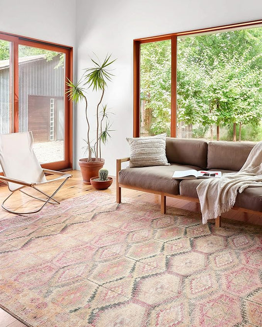 Loloi Layla Collection LAY-17 Pink/Lagoon 7'-6" x 9'-6" .13" Thick Area Rug, Soft, Durable, Vintage Inspired, Distressed, Low Pile, Non-Shedding, Easy Clean, Printed, Living Room Rug