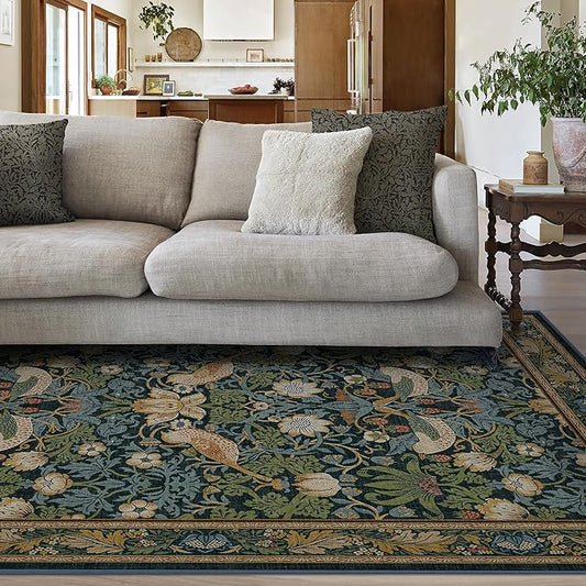 RUGGABLE x Morris & Co Washable Area Rug– Strawberry Thief Indigo 6x9, Stain-Resistant, Non-Slip – Medium Machine Washable Rugs for Living Room, Bedroom, Hallway, Entryway & Office–with Cushioned Pad