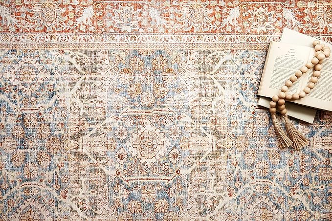 Loloi Layla Collection LAY-04 Ocean/Rust 9'-0" x 12'-0" .13" Thick Area Rug, Soft, Durable, Vintage Inspired, Distressed, Low Pile, Non-Shedding, Easy Clean, Printed, Living Room Rug