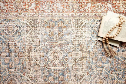 Loloi Layla Collection LAY-04 Ocean/Rust 9'-0" x 12'-0" .13" Thick Area Rug, Soft, Durable, Vintage Inspired, Distressed, Low Pile, Non-Shedding, Easy Clean, Printed, Living Room Rug