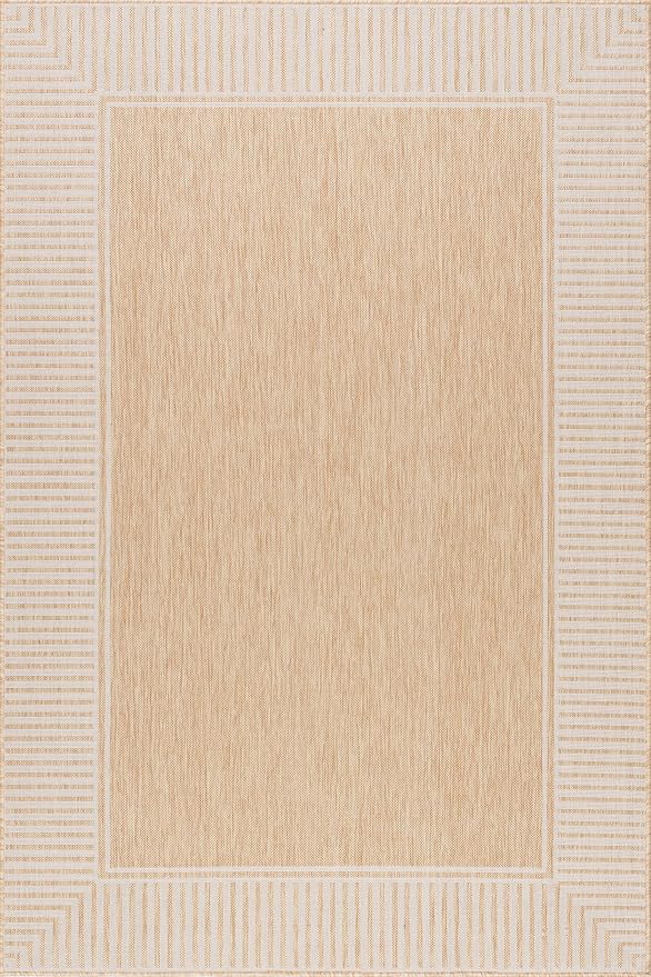 nuLOOM 9'6" x 12' Outdoor/Indoor Asha Area Rug, Tan, Casual Design with Striped Border, Stain Resistant, Highly Durable, for Patio, Balcony, Bedroom, Living Room, Dining Room, Bathroom