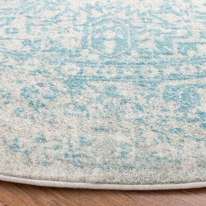 SAFAVIEH Evoke Collection Area Rug - 6'7" Round, Ivory & Aqua, Distressed Design, Non-Shedding & Easy to Clean, Ideal for Living Room, Bedroom, Dining Space (EVK256J)