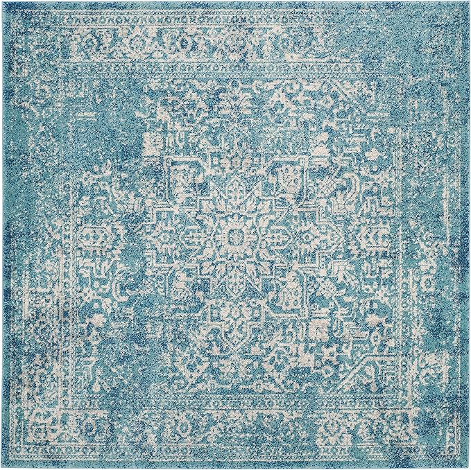 SAFAVIEH Evoke Collection Area Rug - 6'7" Square, Blue & Ivory, Distressed Design, Non-Shedding & Easy to Clean, Ideal for Living Room, Bedroom, Dining Space (EVK256C)