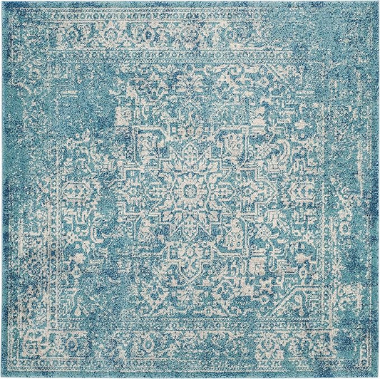 SAFAVIEH Evoke Collection Area Rug - 6'7" Square, Blue & Ivory, Distressed Design, Non-Shedding & Easy to Clean, Ideal for Living Room, Bedroom, Dining Space (EVK256C)