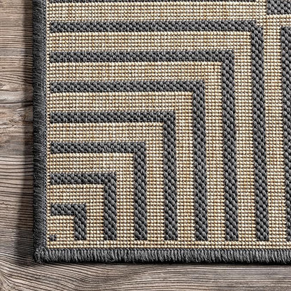 nuLOOM 6' 7" x 9' Outdoor Area Rug, Casual Design With Striped Border, Stain Resistant, Highly Durable, For Patio, Balcony, Bedroom, Living Room, Dining Room, Bathroom, Dark Grey