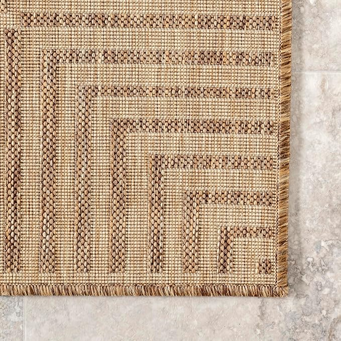 nuLOOM 7' Square Outdoor Area Rug, Casual Design with Striped Border, Stain Resistant, Highly Durable, for Patio, Balcony, Bedroom, Living Room, Dining Room, Bathroom, Light Brown