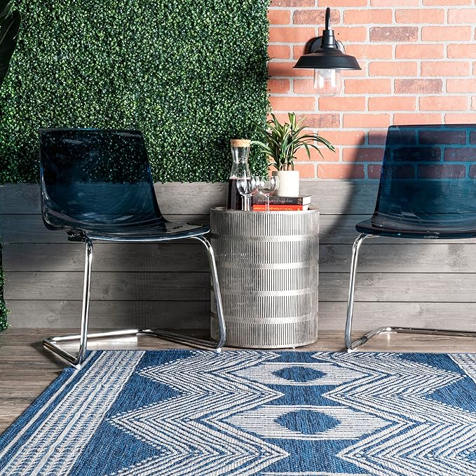 nuLOOM 6'7" Round Outdoor Tribal Geometric Area Rug, Stain Resistant, Weather Resistant, High Traffic, Patio, Balcony, Outside, Ranya Blue