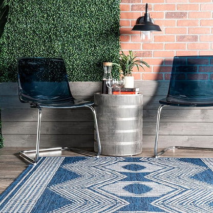nuLOOM 6'7" Round Outdoor Tribal Geometric Area Rug, Stain Resistant, Weather Resistant, High Traffic, Patio, Balcony, Outside, Ranya Blue