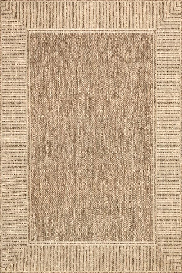nuLOOM 8' Square Outdoor Area Rug, Casual Design with Striped Border, Stain Resistant, Highly Durable, for Patio, Balcony, Bedroom, Living Room, Dining Room, Bathroom, Light Brown